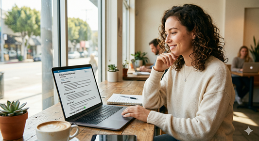 a woman in a coffee shop reading a job description on her laptop