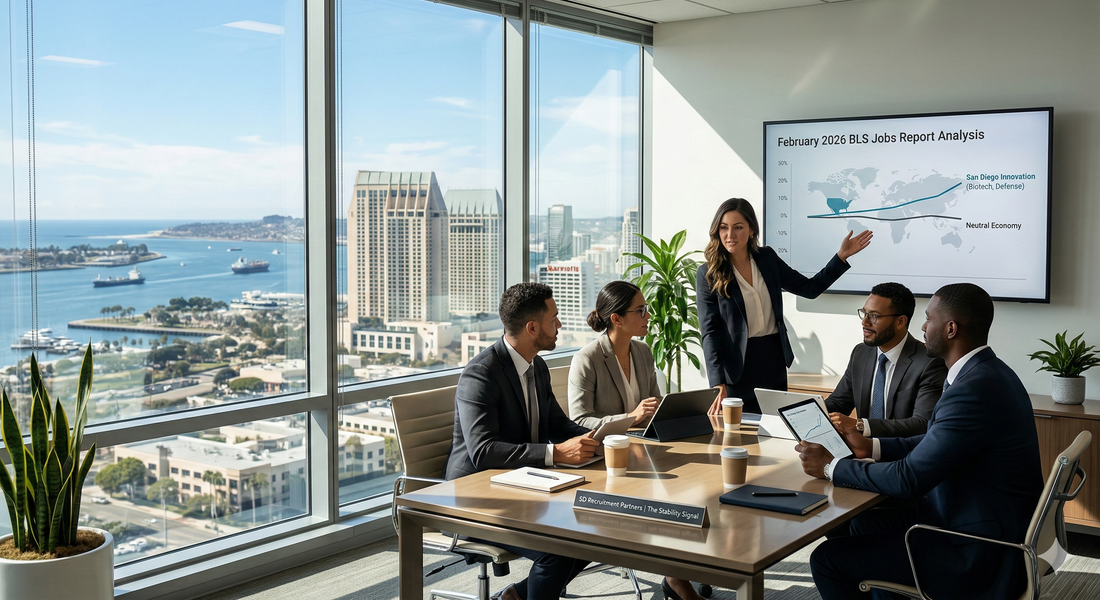 A team reviewing the February 2026 BLS jobs report in San Diego, CA.