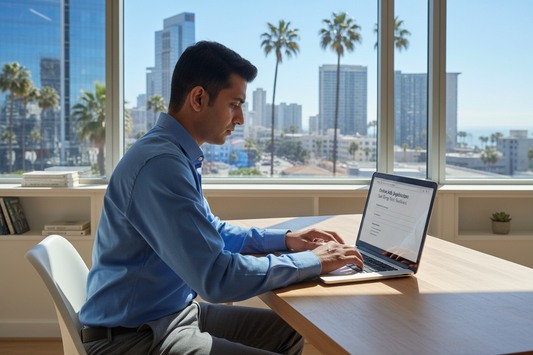 Man working on laptop in front of windows showing the San Diego skyline in the background.