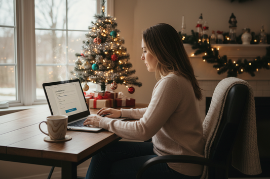 Job seeker applying to jobs during the Christmas holiday break with a laptop and Christmas tree.