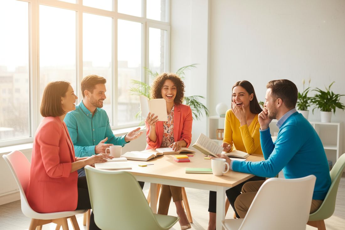 Brightly dressed professionals sit around a table discussing a book happily.