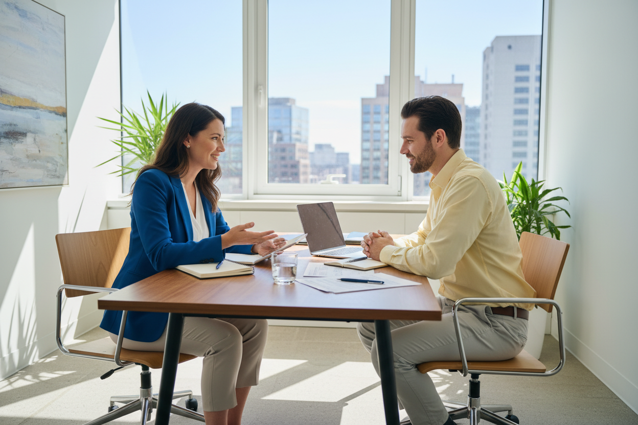 a professional career coach working with a candidate in a bright office setting in bright, professional clothes